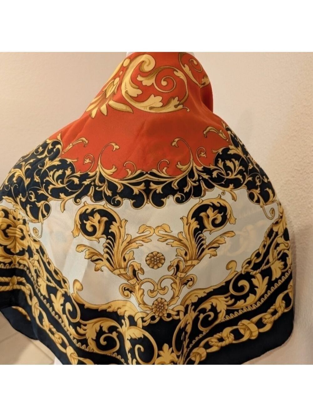 Vintage Italian Scarf Red Black Gold Cream Polyester 35 Inch - Picture 3 of 6